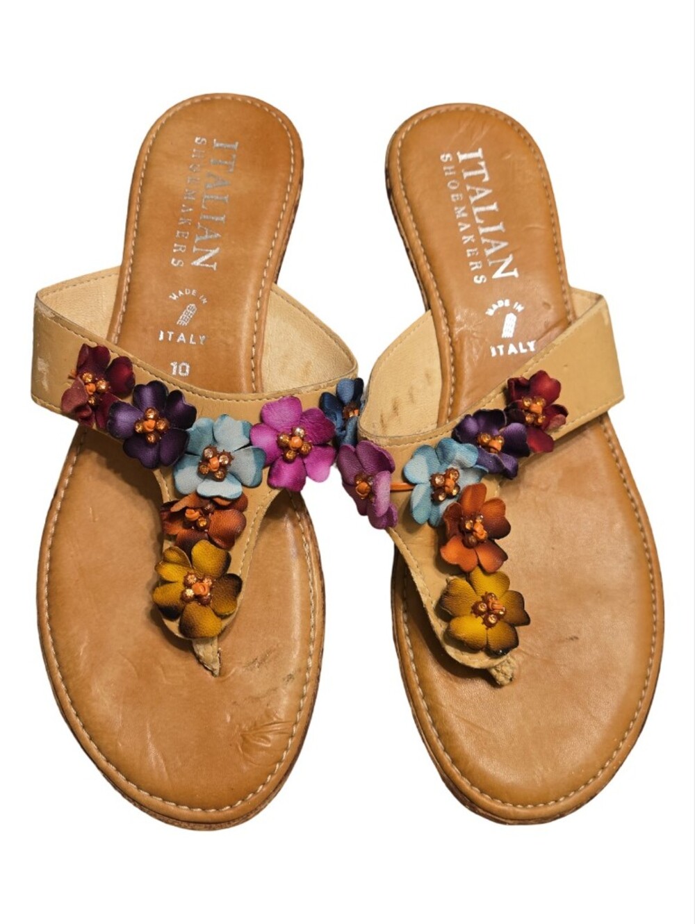 Italian Shoemakers Tan Sandal Thong with Multicolor Floral Accents Travel Beach